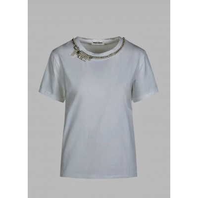 T.shirt bianca in cotone collo perle e strass