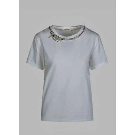 T.shirt bianca in cotone collo perle e strass