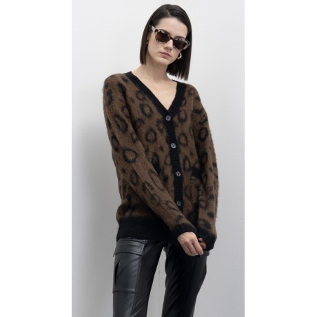 Cardigan in mohair con stampa animalier.Design con scollo a V.Chiusura frontale con bottoni.Dettagli a costine su polsini e orlo