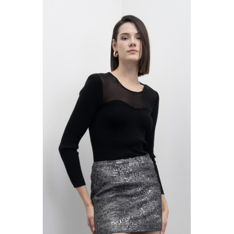 Maglione aderente in maglia con dettagli in tulle.Design con scollo rotondo e trasparenza sulla parte superiore.Maniche lunghe a