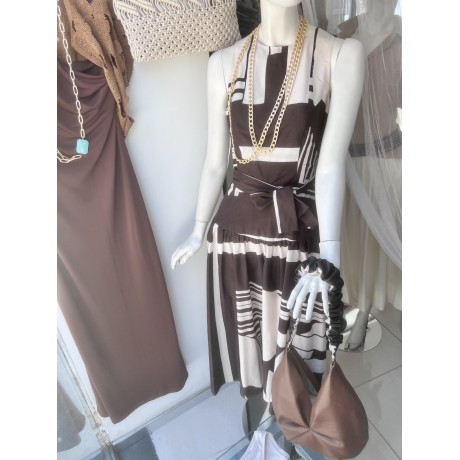 Abito lungo in cotone giro manica con chiusura lampo invisibile sul retro cintura in vita con tasche invisibili nei lati