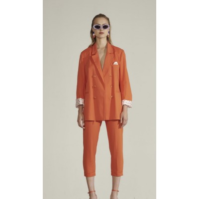 Blazer doppio petto colore arancio maniche lunghe conrisvolti in tessuto pois