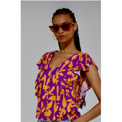 Camicia stampata in viscosa presenta un design vivace con una stampa GECKO color black nei toni dell\'arancio e del viola,che ag