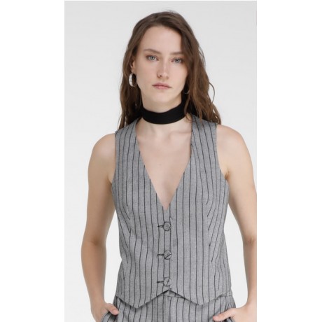 Gilet a righe in tessuto fresco lana spinato lurex misto viscosa, rif. ELVIRA. Questo sofisticato gilet presenta una raffinata f