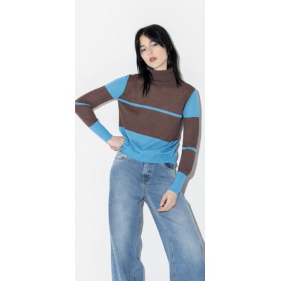 Maglia dolcevita misto lana  multicolore marrone, con dettagli turchese..