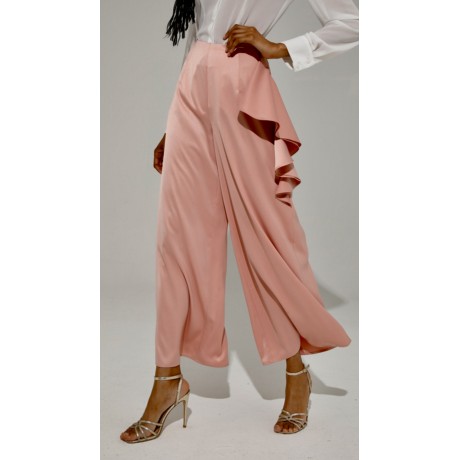 Pantalone in raso con rouge sul fianco.