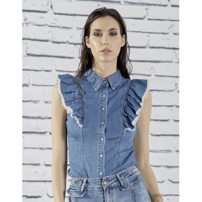 Rouge-Camicia smanicata di jeans con rouge con bottoni linea slim