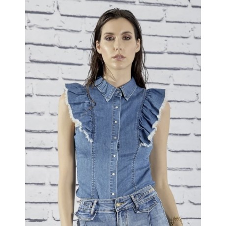 Rouge-Camicia smanicata di jeans con rouge con bottoni linea slim