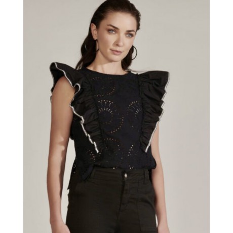 Top pizzo sangallo con rouches nero con dettagli bianchi n 100% cotone