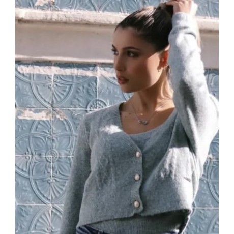 Twinseet in lana mohair top semplice e cardigan con scollo a V con bottoni gioiello
